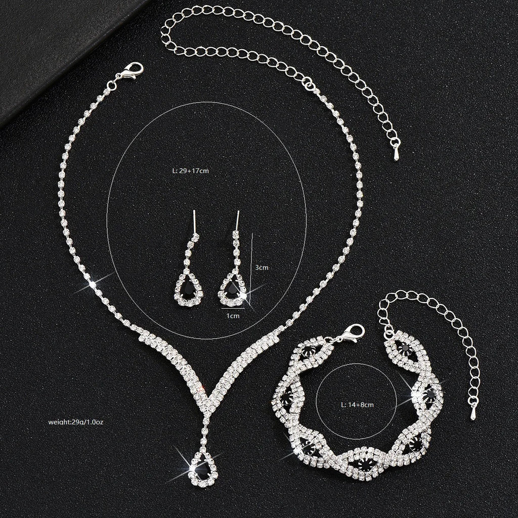3 Pcs Luxury Rhinestone Bride Jewelry Set for Women Black Water Drop Crystal Earrings Wedding V Necklace Eye Bracelet Fashion-