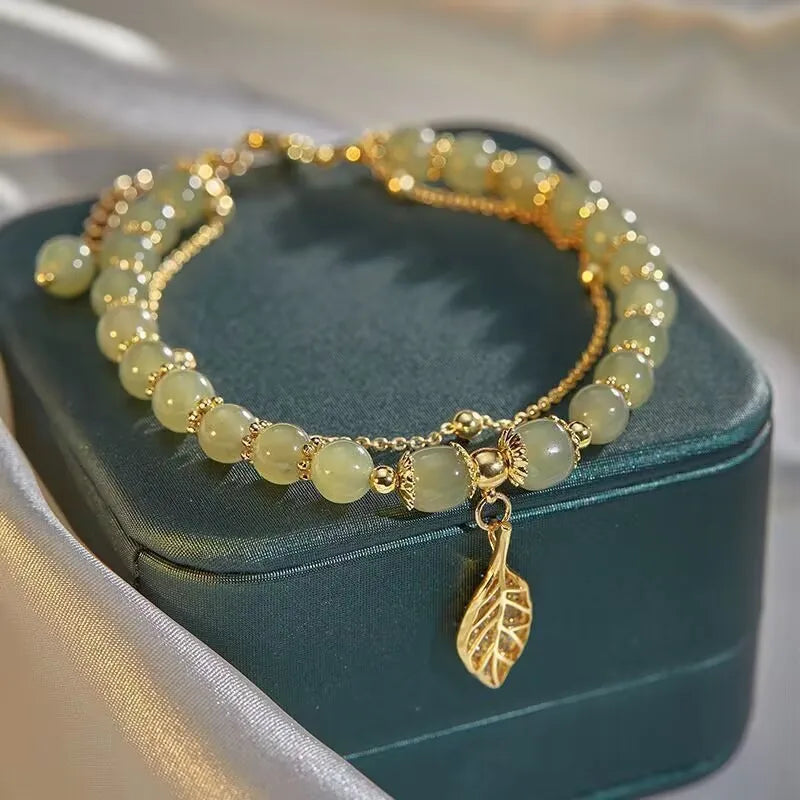 Green Jade & Gold Leaf Double Chain Bracelet