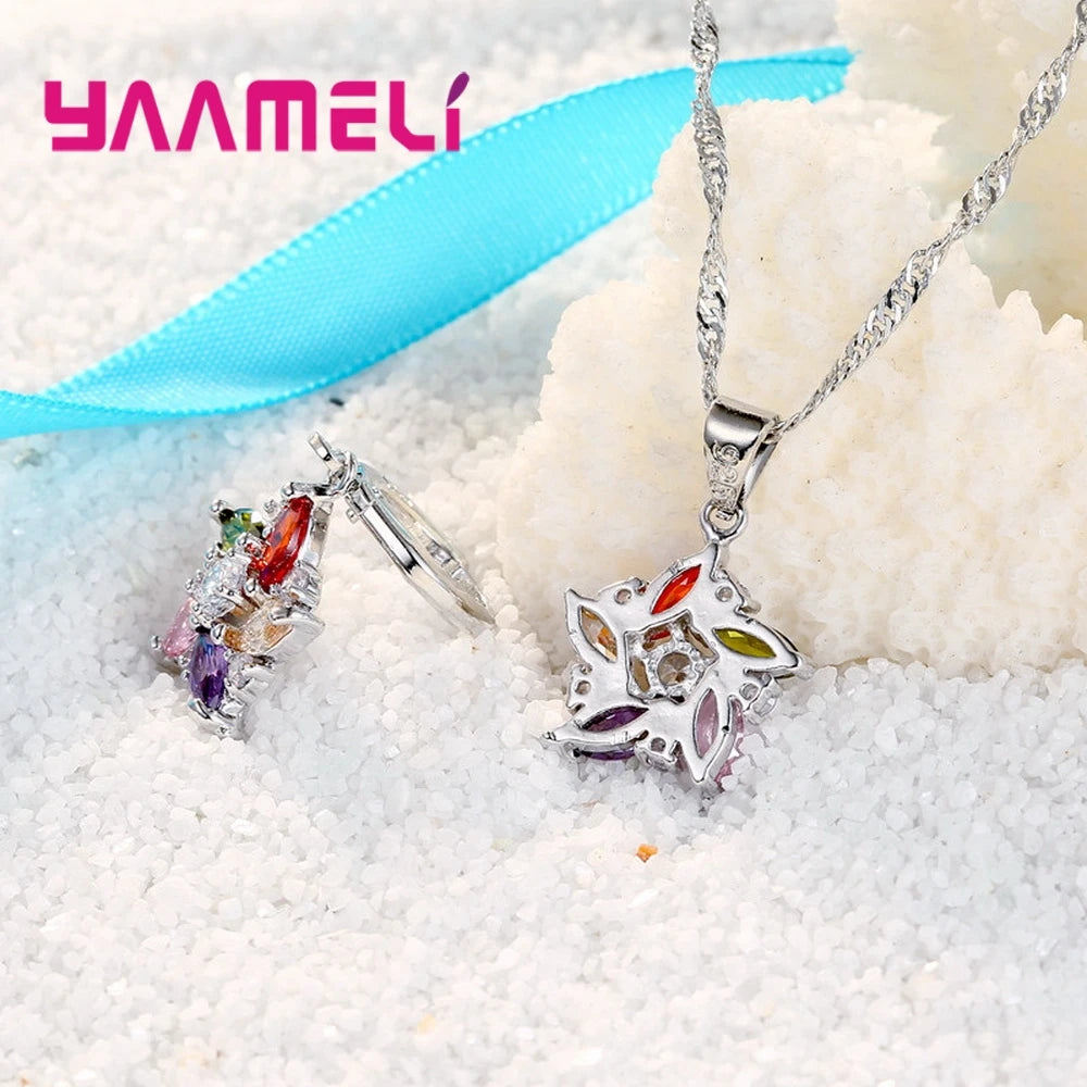 925 Sterling Silver Color Pendant Necklace Earrings Romantic Ethnic Style Windmill Shape Colorful/White Crystal Stone For Girl