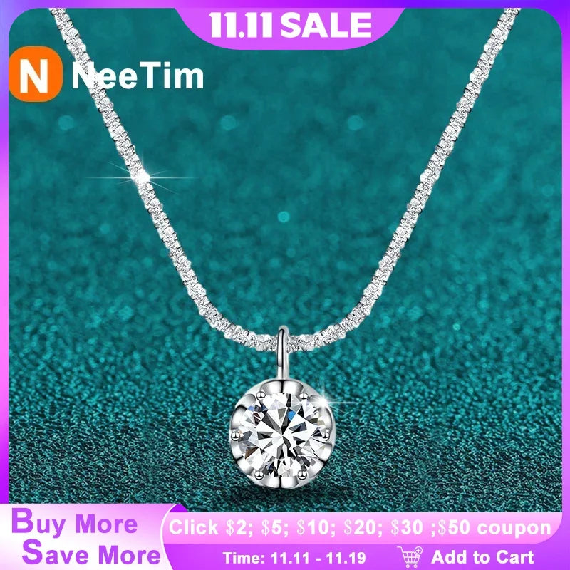NeeTim 2ct Moissanite Necklace Pendant S925 Sterling Silver  Party Wedding Lab Dimond Gem Necklaces For Women with Certificate