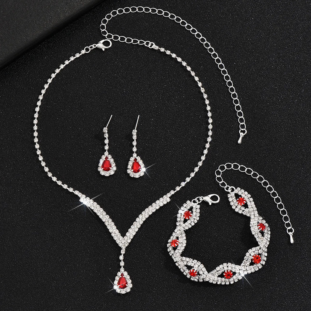 3 Pcs Luxury Rhinestone Bride Jewelry Set for Women Black Water Drop Crystal Earrings Wedding V Necklace Eye Bracelet Fashion-
