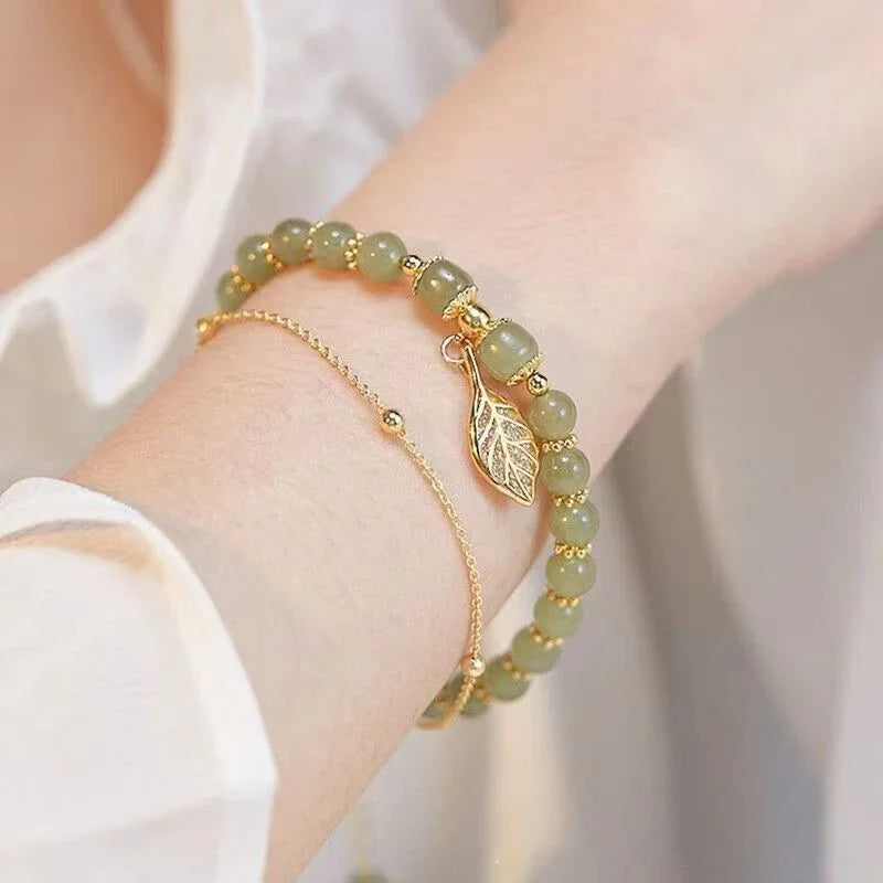 Green Jade & Gold Leaf Double Chain Bracelet