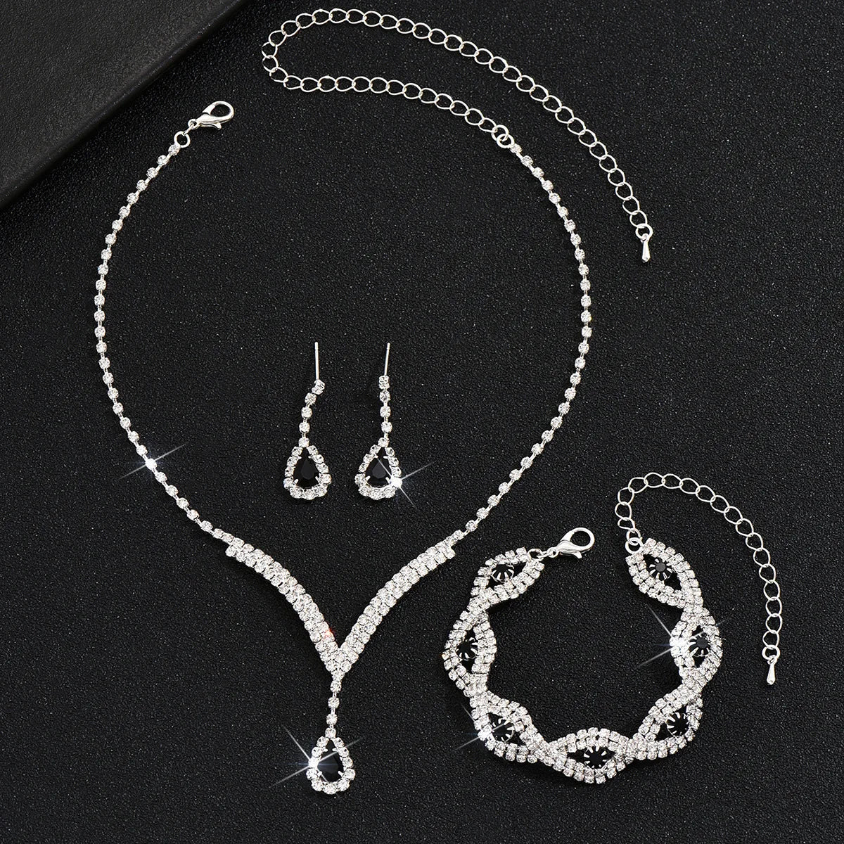 3 Pcs Luxury Rhinestone Bride Jewelry Set for Women Black Water Drop Crystal Earrings Wedding V Necklace Eye Bracelet Fashion-